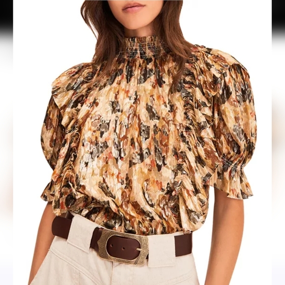 BA&SH New Gilda Silk Metallic Ochre Ruffle Abstract Lady Blouse Top SZ Small - Picture 15 of 16
